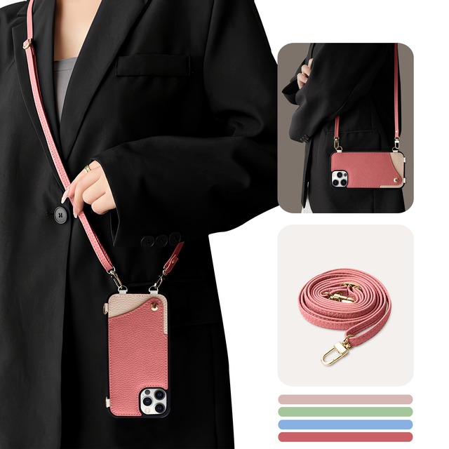 Kahper For iPhone 12 ケース ショルダー おしゃれ バイカラー スマホケース iPhone 12 可愛い 女性 レトロ いPhone 12 ケース カード 背面収納 耐衝撃 上品 iPhone 12 カバー 首掛け 斜め掛け 高級PU肌感レザー シンプル 携帯ケース iPhone 12 Pro ストラップ 人気 エレガント レディース 手作(スイカレッド)