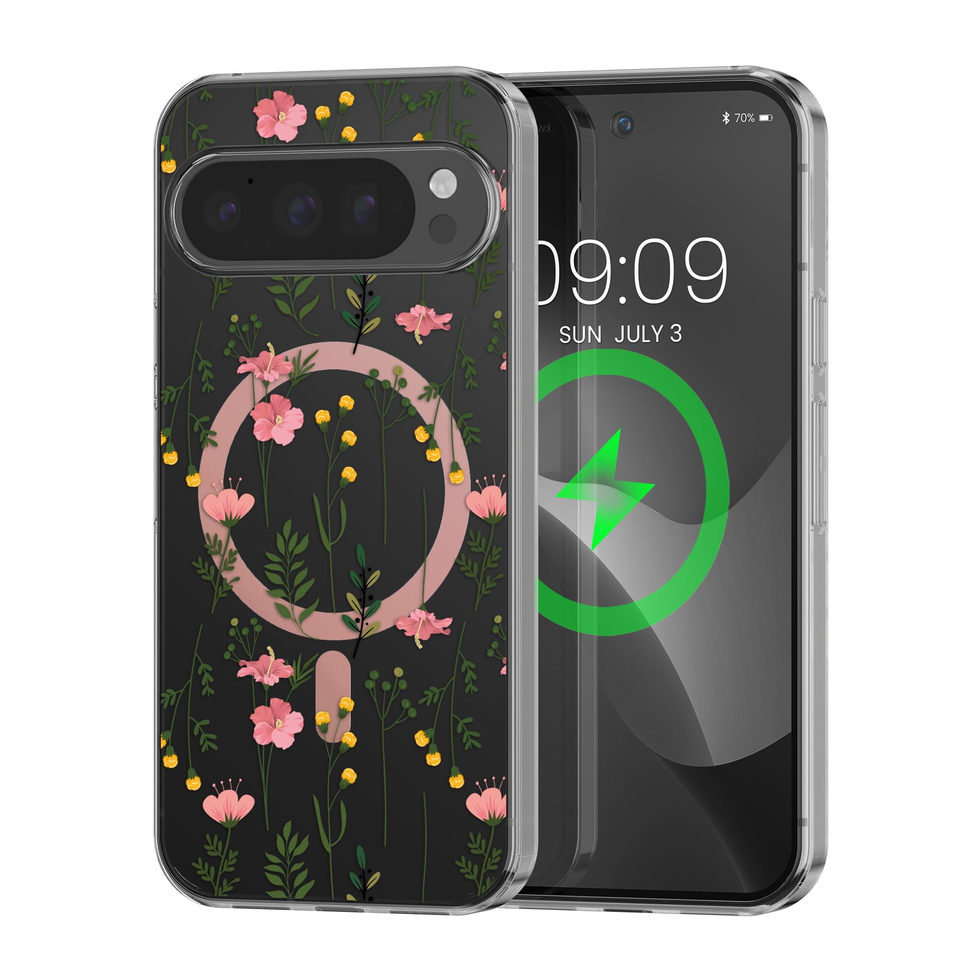 kwmobile クリスタルクリア スマホケース Google Pixel 9 / Pixel 9 Pro対応 ケース - MagSafe対応 - 保護TPUアクリルクリアカバー - 優しいワイルドフラワー