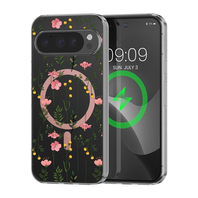 kwmobile クリスタルクリア スマホケース Google Pixel 9 / Pixel 9 Pro対応 ケース - MagSafe対応 - 保護TPUアクリルクリアカバー - 優しいワイルドフラワー