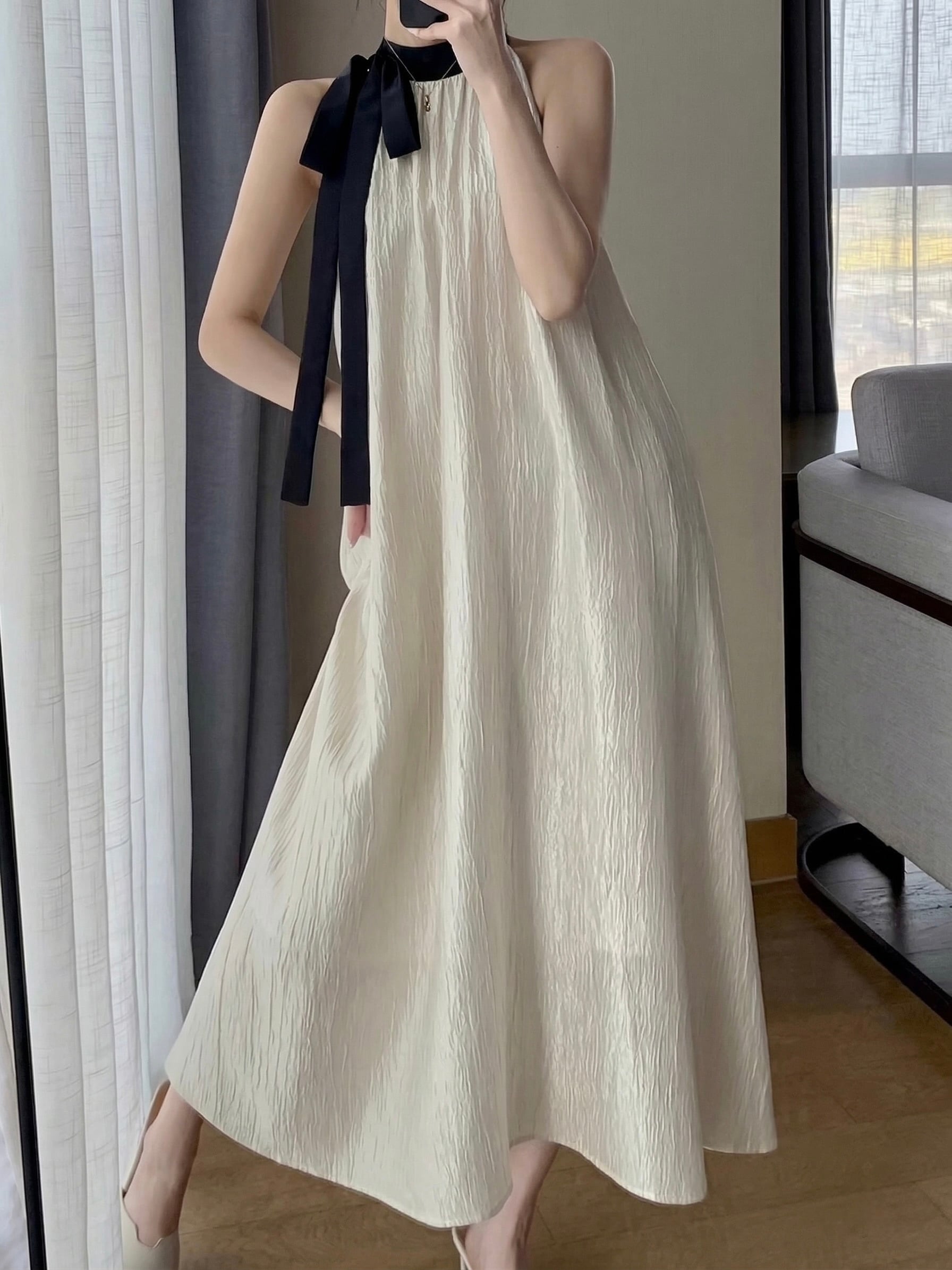 halter neck ribbon long dress.3146