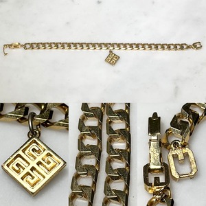 vintage GIVENCHY gold color metal flat link chain bracelet with "G" charm