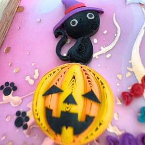 ハロウィン ミニ額 黒猫とかぼちゃ ペーパークイリング ハンドメイド インテリア