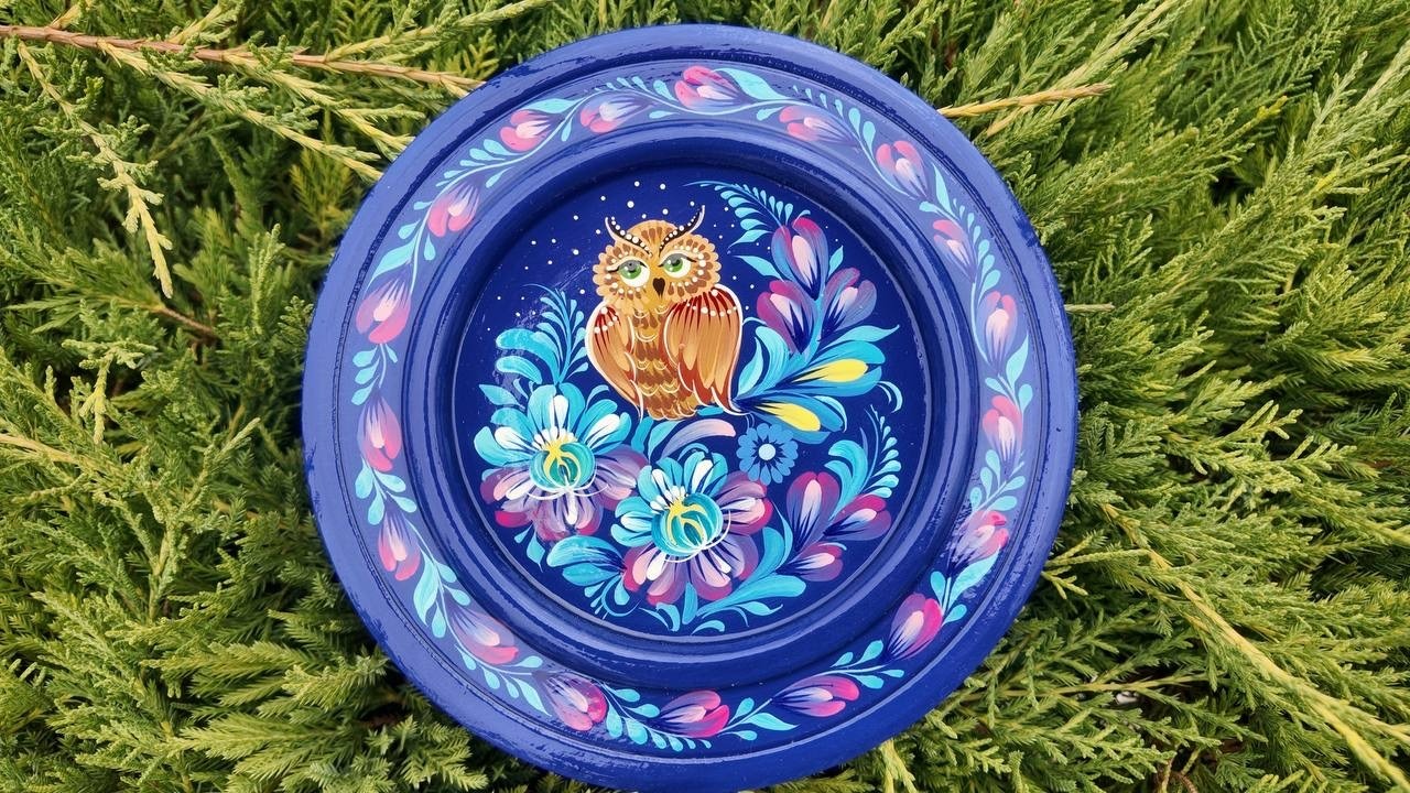 ペトリキウカ塗りのプレート　梟 （ティモシェンコ作）16cm - 1