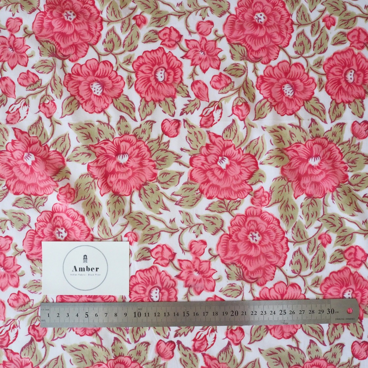 ブロックプリント生地【50cm単位】インド綿 ローズ柄 白×ピンク #25910-PK1