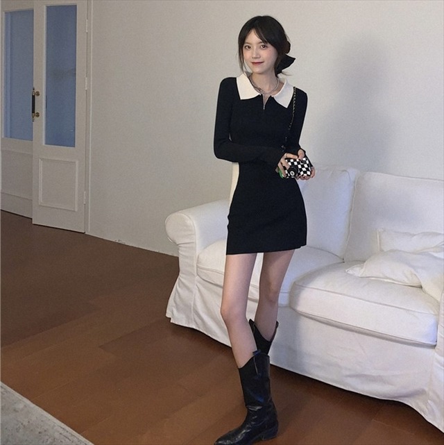 バイカラー ニット ワンピース 襟付き ハーフジップ ミニ丈 長袖 リブニット ニットワンピース レディース 取寄 発送目安14 21日営業日 Laff Store 会社情報 納期の確認をお願いします