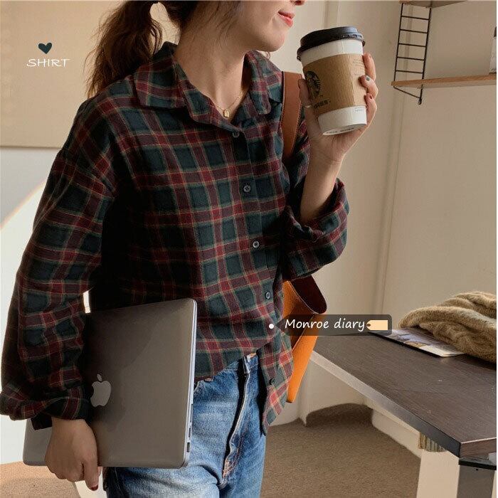 格子柄シャツ レディーススタンダードスタイルジャケット スプリングトップス ロング レトロ 春物 モンロー98637321446