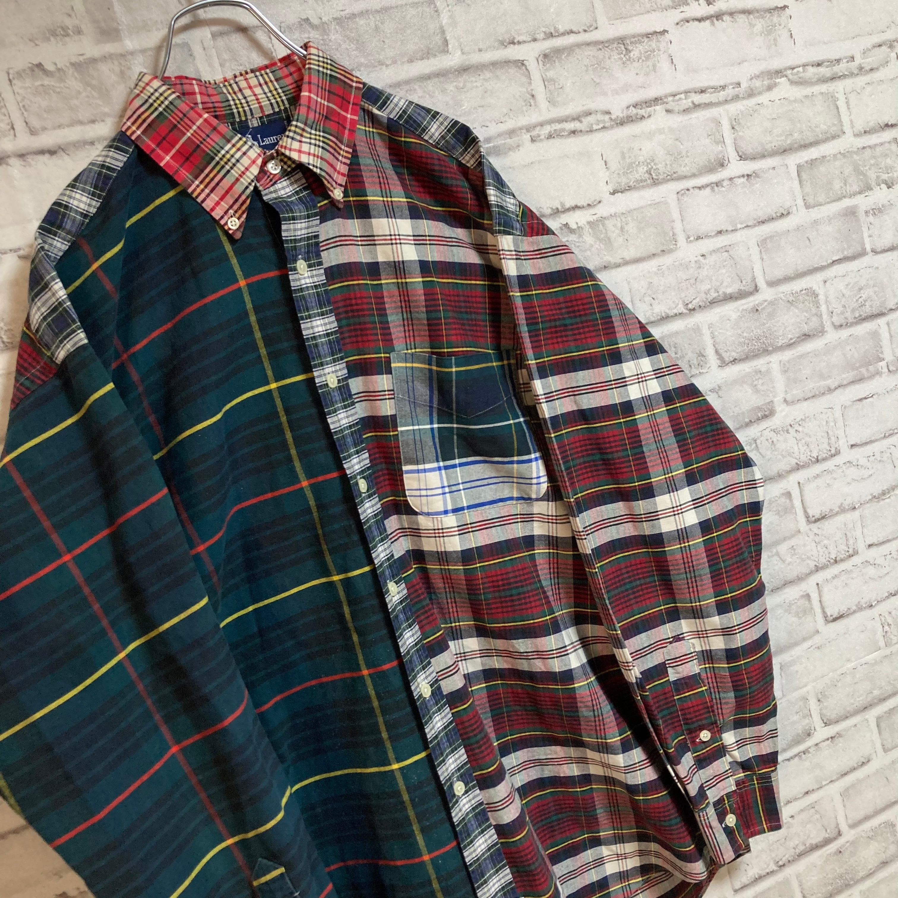 【Ralph Lauren】L/S Docking Check Pattern BD Shirt XL相当 90s ラルフローレン レア 希少  ドッキング チェックシャツ ボタンダウン ドッキングシャツ 長袖 ポニーロゴ 刺繍ロゴ 胸ロゴ BDシャツ ゆるだぼ ビッグシルエット USA  アメリカ