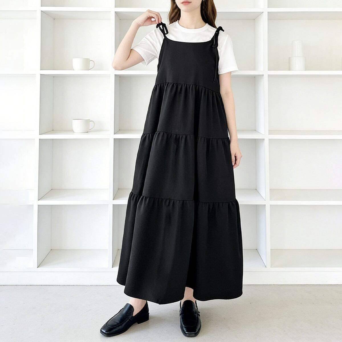 キャミワンピース ティアード ロング レディース 春夏 韓国 ワンピース きれいめ おしゃれ 大人 かわいい 重ね着 Aライン ゆったり 体型カバー ショルダーリボン 大人可愛い 大人女子