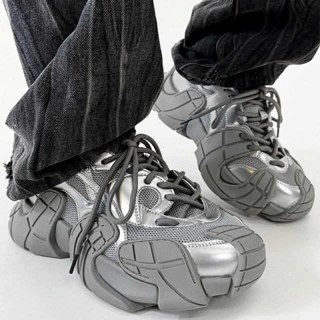 【予約販売】スニーカー 韓国 メンズ ゴツ底 厚底 靴 ブラック 黒 ホワイト グレー グリーン デザイン お洒落 カジュアル ストリート 24.5cm/25cm/25.5cm/26cm/26.5cm/27cm