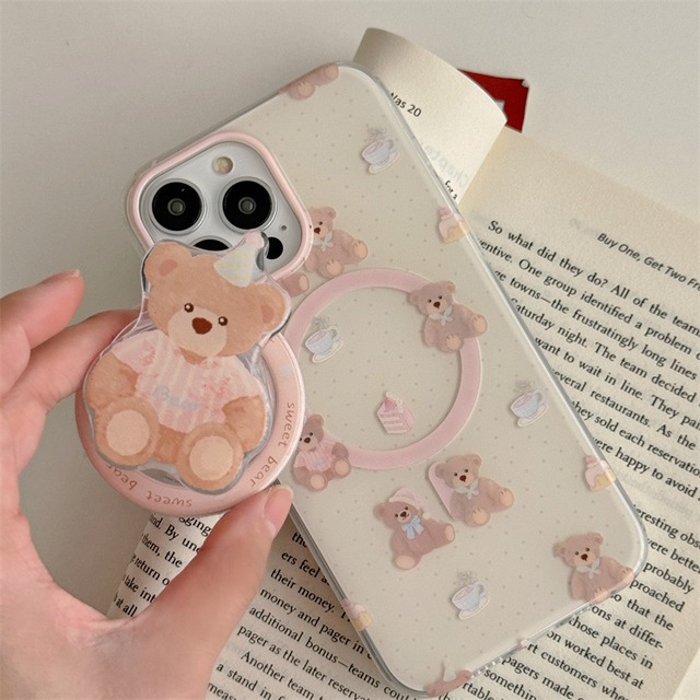 【MagSafe対応】癒しのテディーベア◎かわいい 韓国ケース ティータイム クマさん スマホグリップ 落下防止 ワイヤレス充電 くま スマホケース ND-15865