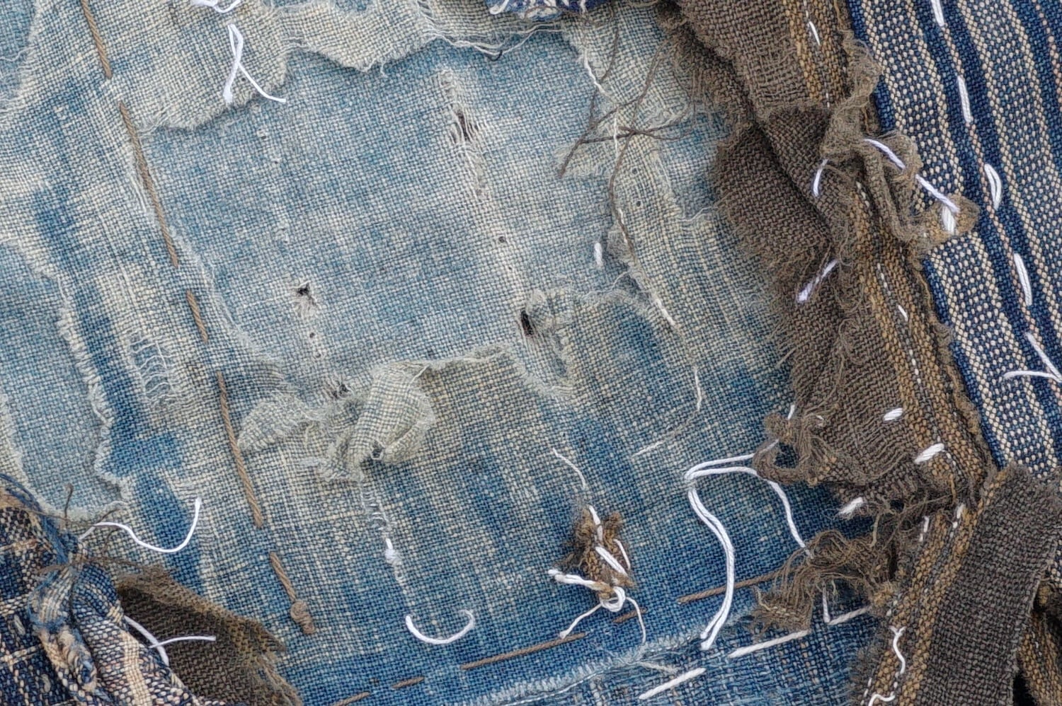 1874 ボロ 襤褸 藍染 木綿 古布 藍無地 縞 絣 筒描き 継ぎ接ぎ 継ぎ