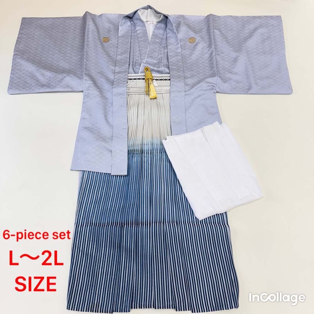 紋付袴 6点セット 着物 羽織 袴 長襦袢 羽織紐 角帯 裄70.7cm 袴丈90cm L~2L グレー 五つ紋 中古 4495