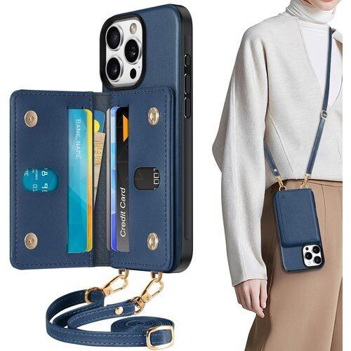 TUCCH iPhone 16 Pro 対応 ケース 背面 手帳型 ショルダー ストラップ付き アイフォーン16プロカバー PUレザー RFIDブロッキング 6つポケット 取り外し不可 財布型 肩掛け 斜め掛け TPU素材 衝撃吸収 あいふぉん16プロ携帯ケース 2024年発売 6.3インチ 5G アイフォン16プロ対応 ダークブルー 3671