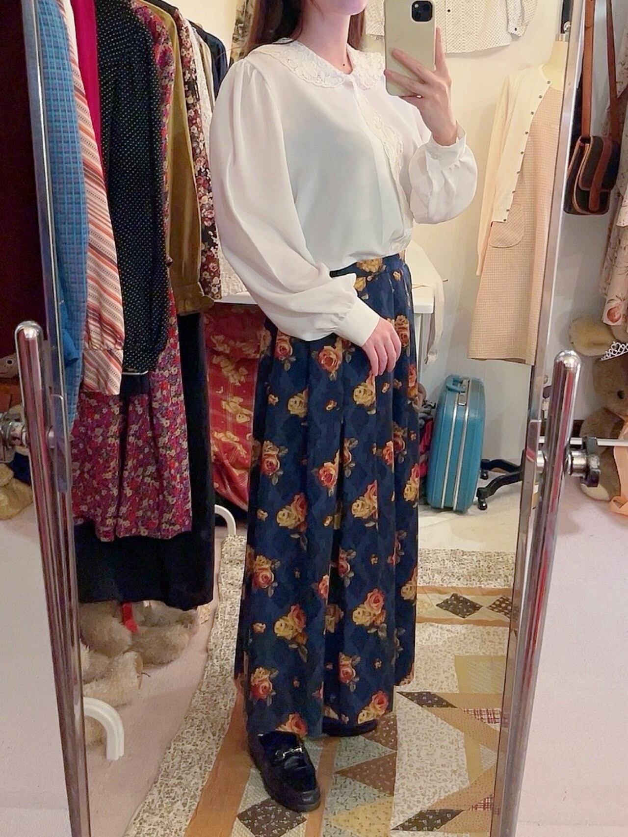 antique rose blue diamond tuck skirt