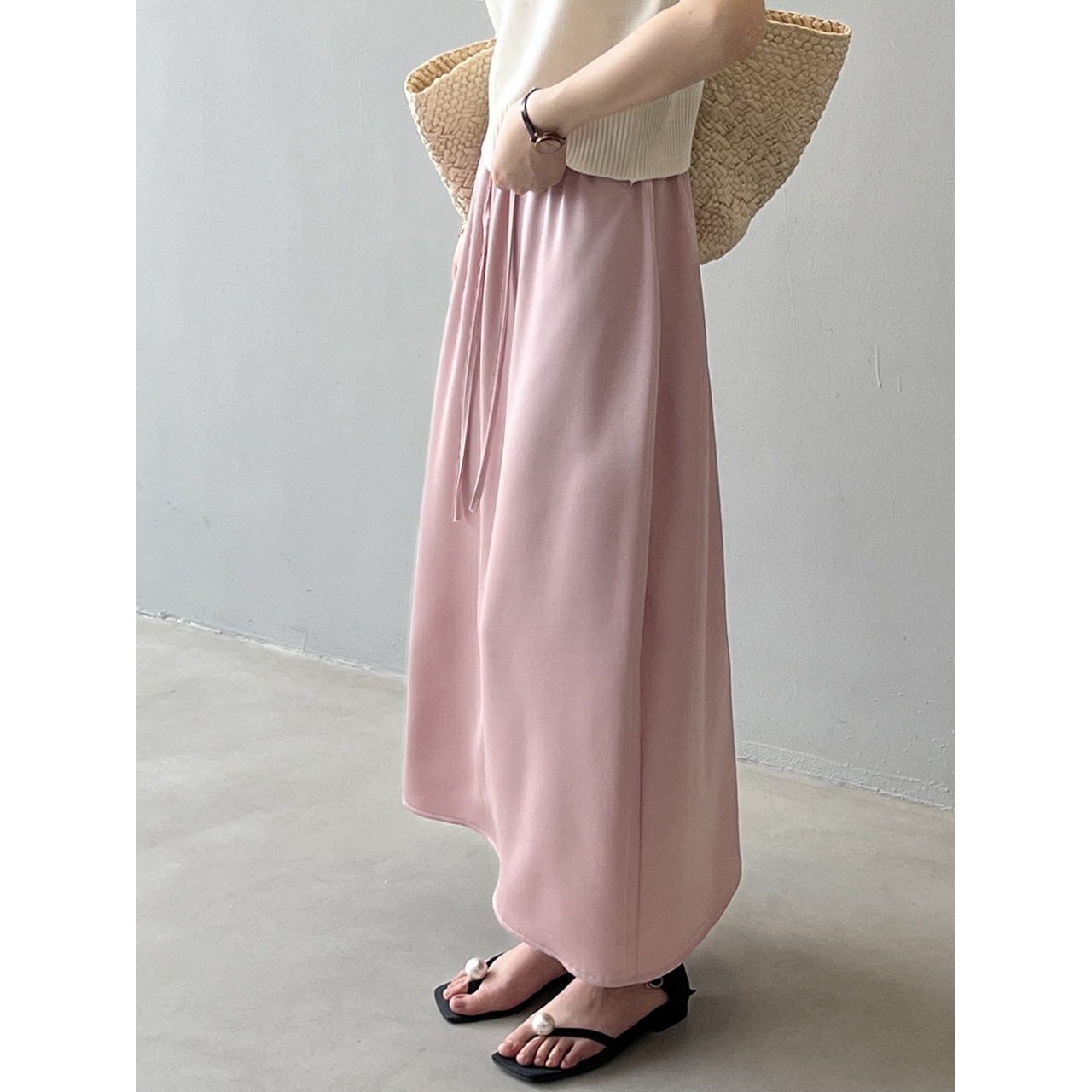 サテン レースアップ フレア ロングスカート 10082