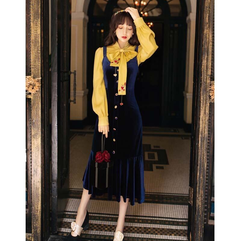 ロング丈ワンピース カジュアルワンピース レディースファション 2点セットワンピース 普段着 デート 女子会 プレゼント 母の日 通勤 S M L 長袖 文芸的 合わせやすい ベルベット レトロ フィッシュテール カラーボタン Dresszone ロング丈ワンピース カジュアルワンピース レディースファション 2点セットワンピース 普段着 デート 女子会 プレゼント 母の日 通勤 S M L 長袖 文芸的 合わせやすい ベルベット レトロ フィッシュテール カラーボタン Dresszone