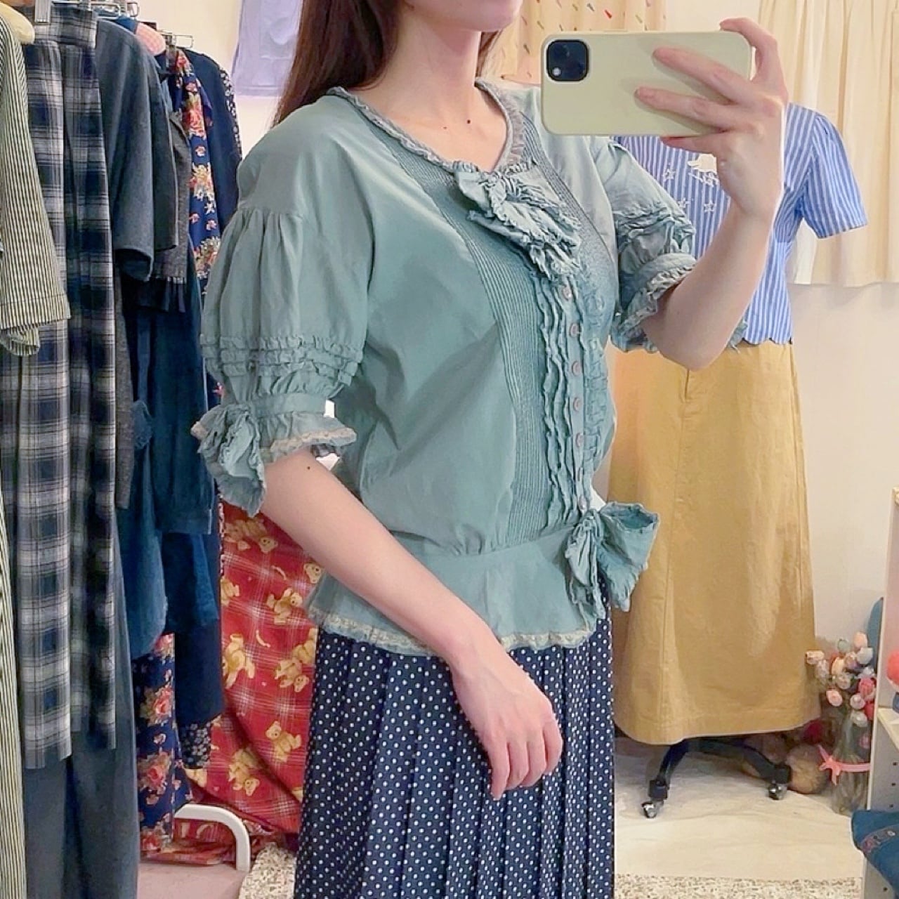 PINKHOUSE / bluegreen frill ribbon blouse