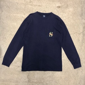 90～00s OLD STUSY/Pocket L/S Shirt/USA製/紺タグ/L/Sロゴ/ポケット付きロンT/長袖Tシャツ/ネイビー/カモフラ/ステューシー/オールドステューシー