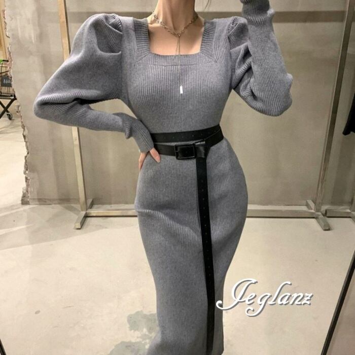 2色 ニット ワンピース ドレス ボリューム袖 スリット 入り (MA894)γ