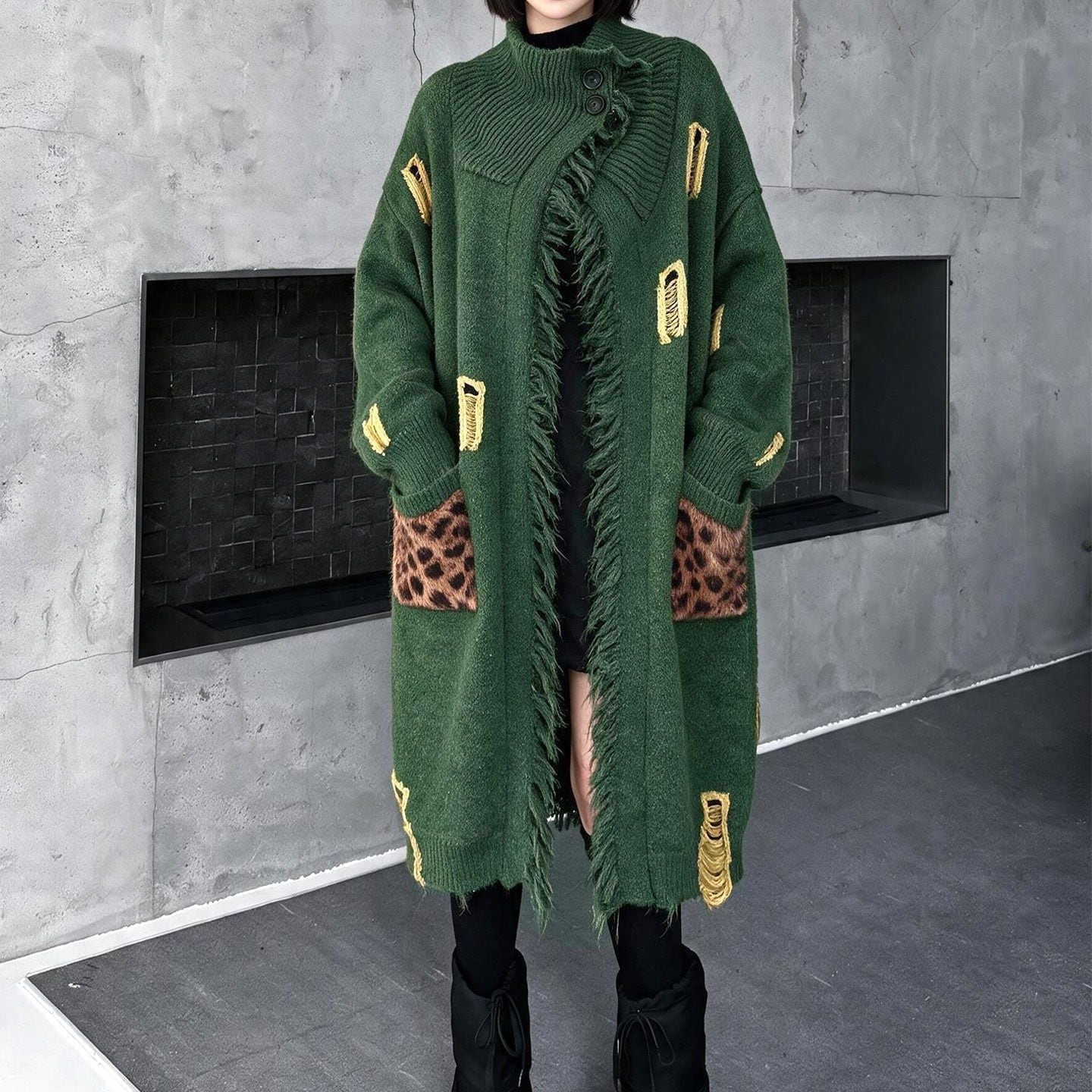 FRINGED LONG LEOPARD POCKET KNIT CARDIGAN M-18738