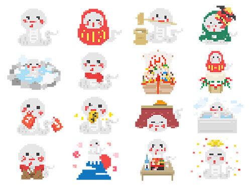 巳年の、白蛇のキャラクターのドット絵のイラストセット | イラスト