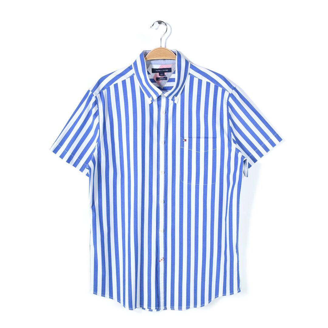 トミーヒルフィガー ストライプ ボタンダウンシャツ 青白 ワンポイントロゴ スリムフィット 半袖シャツ TOMMY HILFIGER メンズL 古着 @CB1315