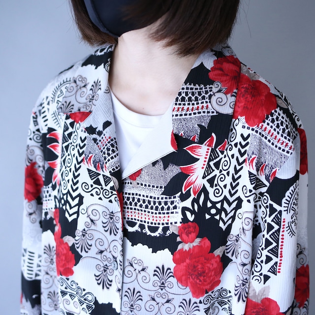 flower and art full pattern wrinkle fabric box silhouette open collar shirt