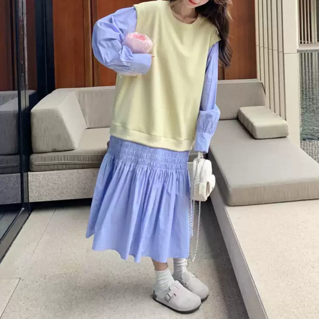 Sweater layered style stripe shirt dress【2col】00140