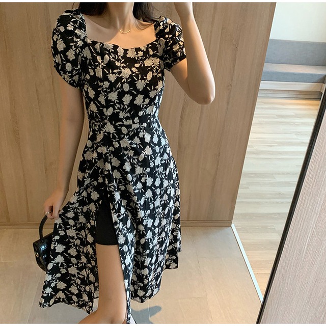 ブームが巻き起こる 早い者勝ち 半袖 スクエアネック ロングスカート ブロークンフラワー スプリット