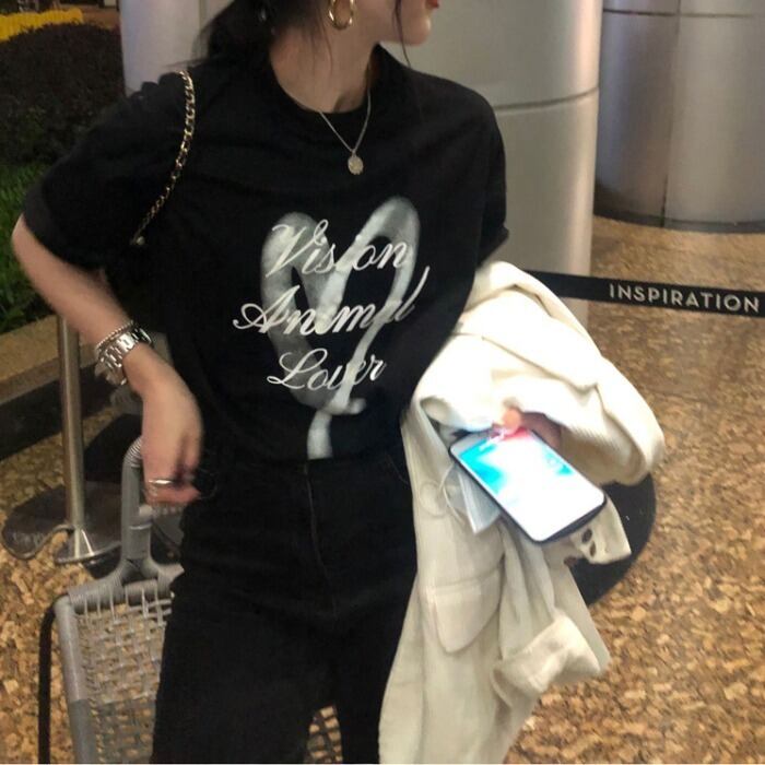 ルーズブラックサマーカジュアルTシャツ トップス コットン 夏物 モンロー96875129803