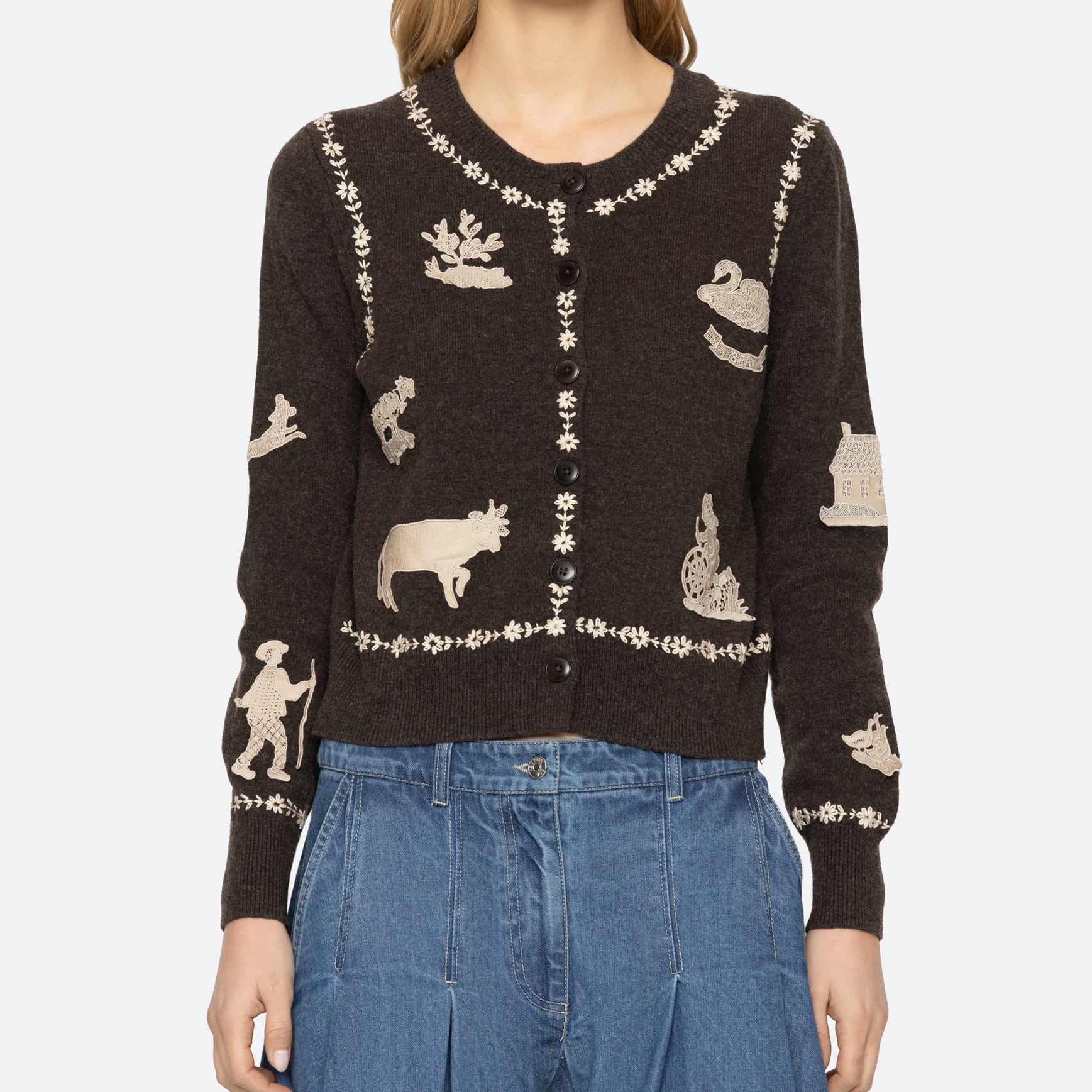 SEA NY MARGEURITE LACE PATCH L/SLV CARDIGAN COFFEE