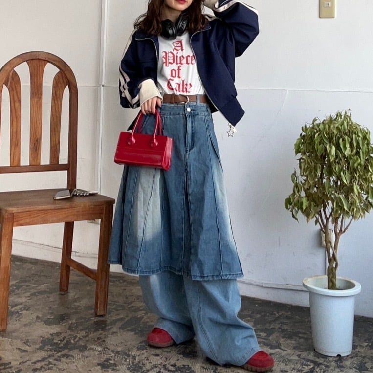 ウォッシュ加工ミモレ丈デニムスカート_LN02470