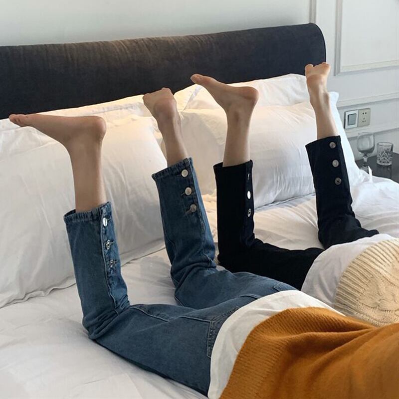 春秋ジーンズレディースストレートルーズ2020パンツ裾ボタン学生ウエストクロップドパンツ 萌量不足91230155553