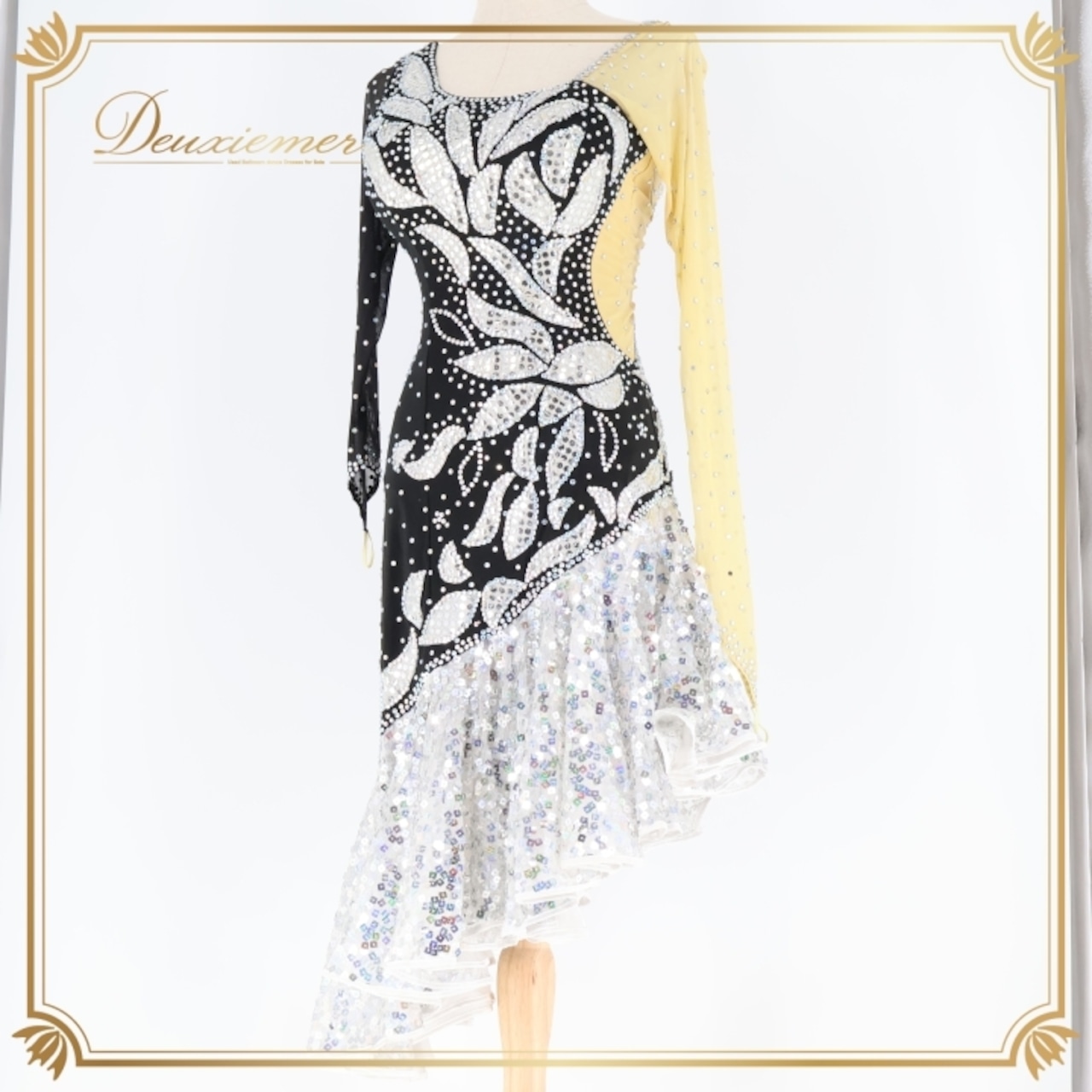 社交ダンス 衣装 ラテン ドレス ワンピース 黒 シルバー デモ 競技 ダンス パーティ 発表会 スパンコール シルバー系 ブラック系 華やか 光沢感 フロア映え エレガント 楽しむ 映える ダンス用 ステージ 衣装 女性用