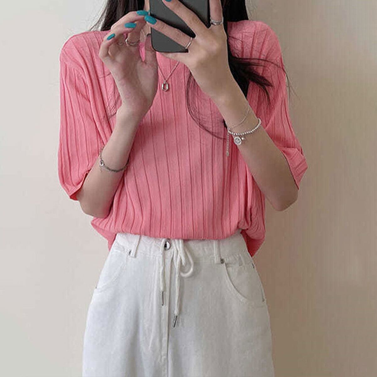 ニット 半袖 トップス レディース 春夏 韓国 きれいめ シンプル 大人 カジュアル リブニット 着回し サマーニット 薄手 オフィスカジュアル 通勤 ビジネス 大人可愛い 大人女子