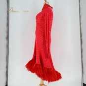 社交ダンス 衣装 ラテン ドレス ワンピース ラテンドレス ヤナギダ YANAGIDA ファー 羽 鮮やか 手袋 アームカバー 蛍光 かっこいい レッド系 ピンク系 デザイン おしゃれ パフォーマンス用 ダンスパーティー レディース ステージ衣装 美しい 目を引く 豪華な