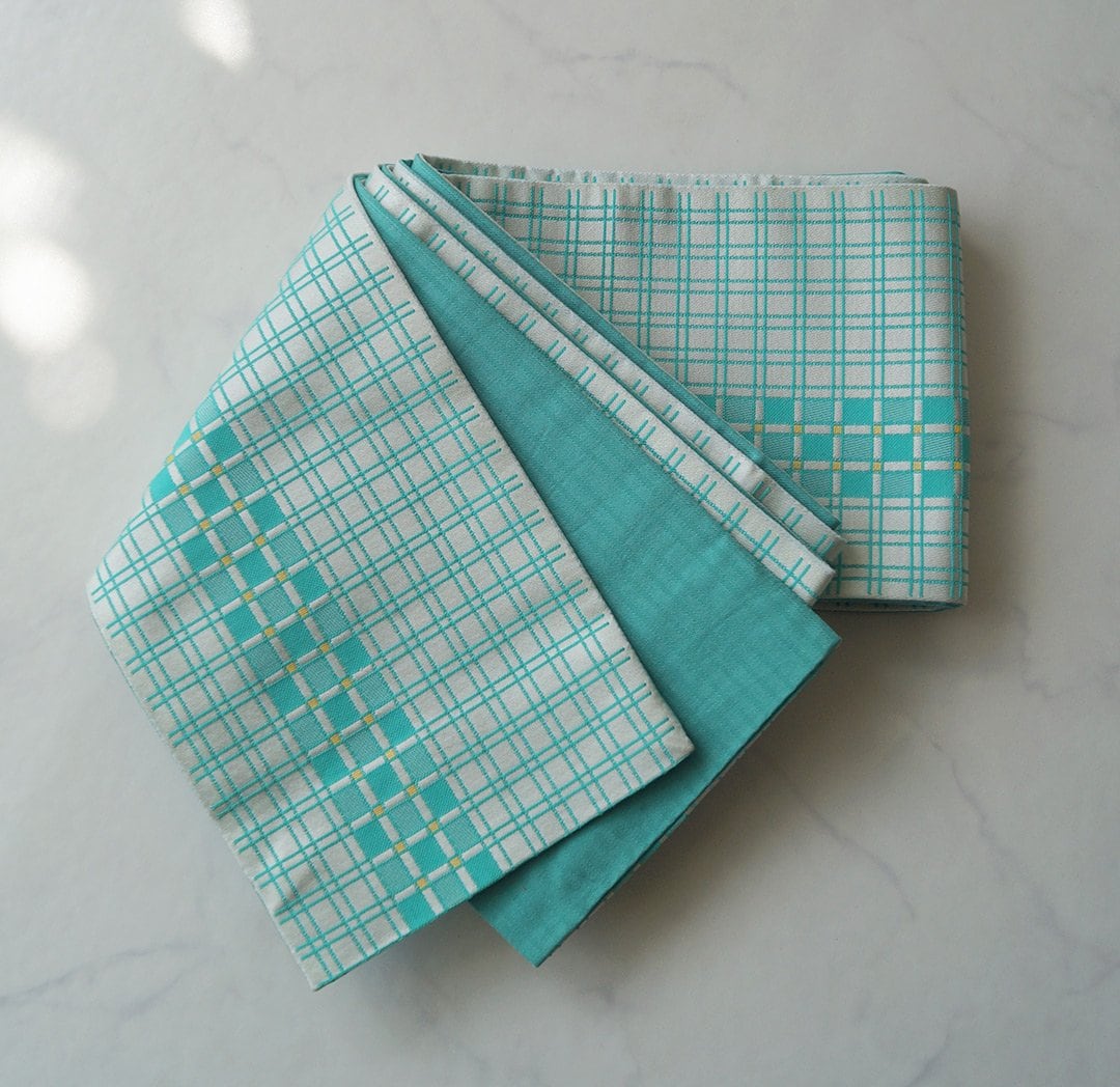 【半幅帯】翡翠色×胡粉色 格子 化繊半幅帯