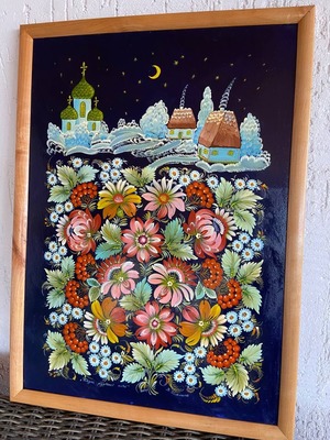 【ウクライナのクリスマス】ペトリキフカ・壁掛け手描きアートパネル（Khomenkoモデル）