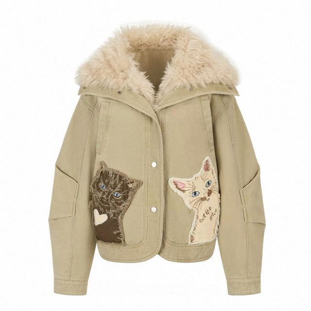 [Outthe Blue] Cat Winter Patchwork Fleece Collar Jacket