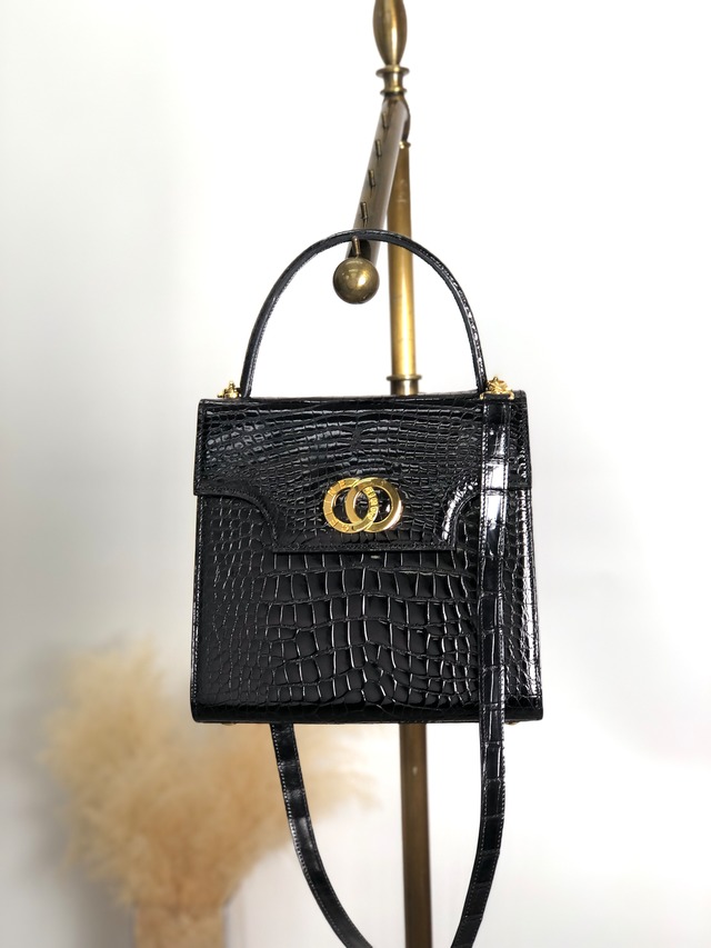CELINE セリーヌ ショルダーバッグ ブラック ダブルサークルロゴ クロコ型押し 2way トップハンドル vintage ヴィンテージ オールド bwjy43
