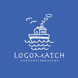 波の上に浮かぶ船の家のロゴ