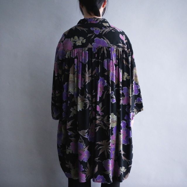 dark flower pattern super big box silhouette h/s shirt