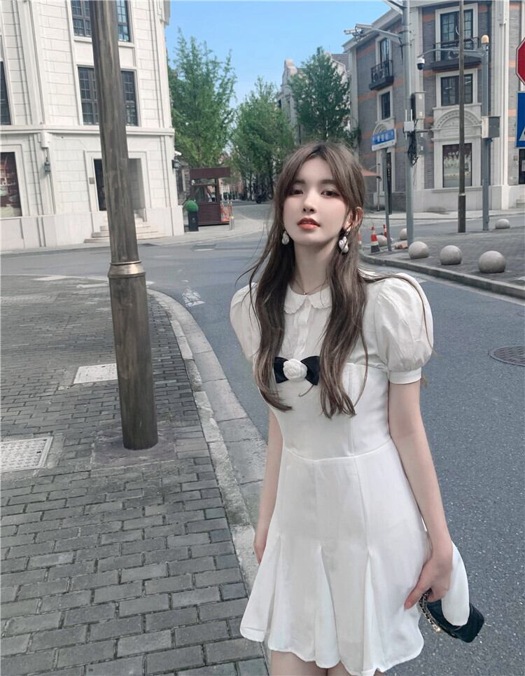 トップス ドレス プリーツスカート サマーホワイト リボン 夏物 ピュア ブラックストロベリース52427108688