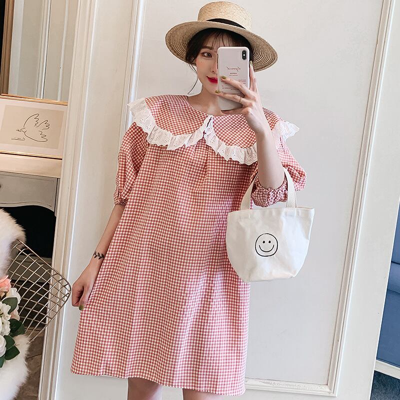 【新作】【送料無料】 マタニティドレスピンクチェック柄半袖マタニティドレスマタニティ服ドレスピーターパンカラープレッピースタイル AL expec373508449618