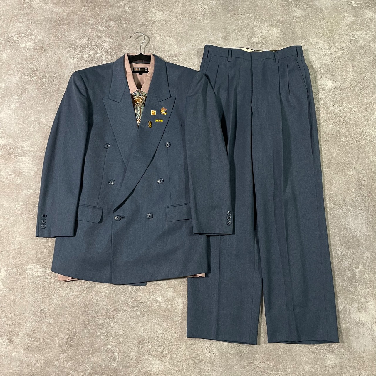 vintage】セットアップ ダブルスーツ エメラルドブルー 成人式 ピンズ 