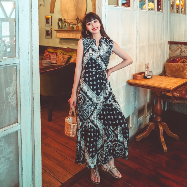 ボヘミアンスタンダードスタイルエスニックロングスカート プリント柄ウェストドレス レトロ ステッチ 延命家ファッション82772715364