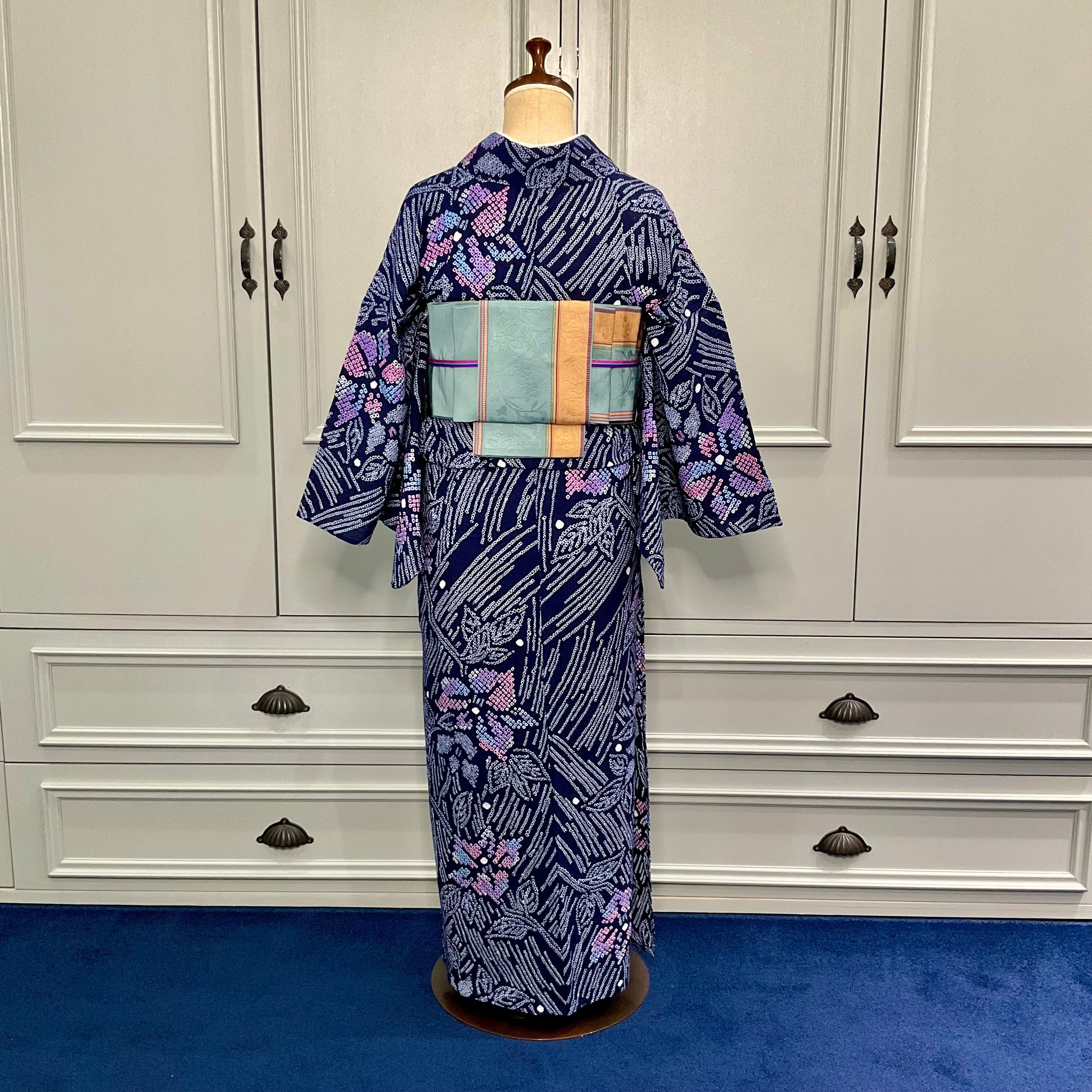 夏宵モザイク＊花 藍 ネイビー 紺 有松鳴海絞り浴衣 B675 | kimono tento