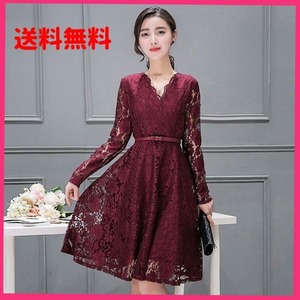 ★送料無料★11号（L）☆総レ－スVネックフレア－ワンピ－ス(OPN3383)