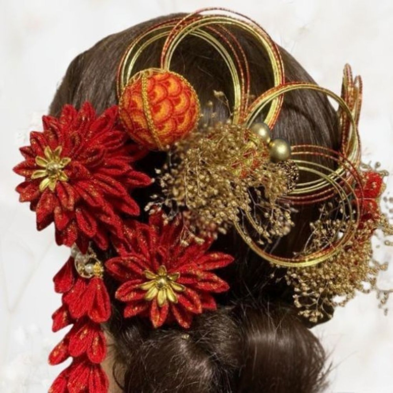 紅雅華（こうがか）｜つまみ細工 髪飾りセット 金 赤 成人式 卒業式 結婚式 和装 振袖 袴 和玉 水引 Uピン（S026）・画像14