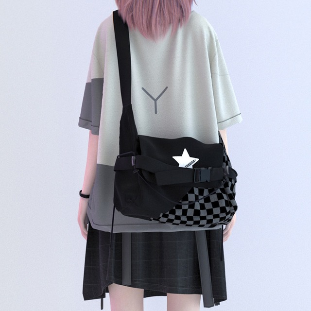 【YONAIGAシリーズ】★バッグ★ ユニセックス 星モチーフ チェッカーボード柄 ショルダーバッグ チェック柄 黒